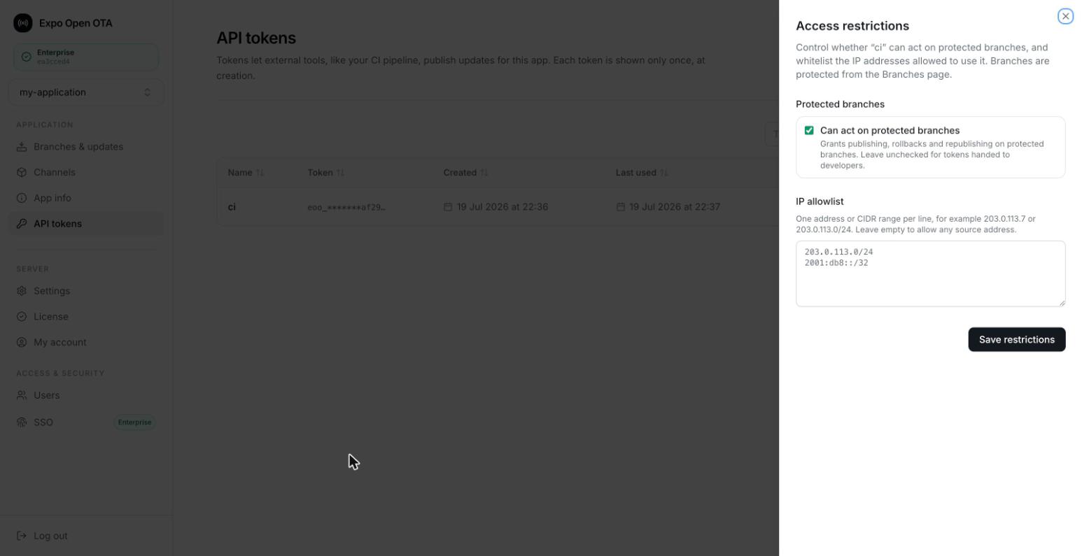 API token access restrictions with protected branches and an IP allowlist